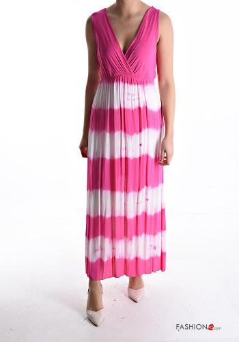 Striped sleeveless long Dress with elastic plunging neckline with v-neck