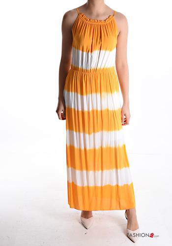 Striped sleeveless crew neck long Dress with elastic