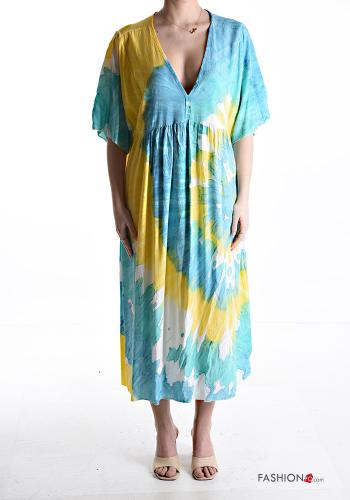 Farbiges Muster Kleid mit V-Ausschnitt 3/4 ärmel
