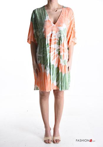 Multicoloured Dress with v-neck 3/4 sleeve