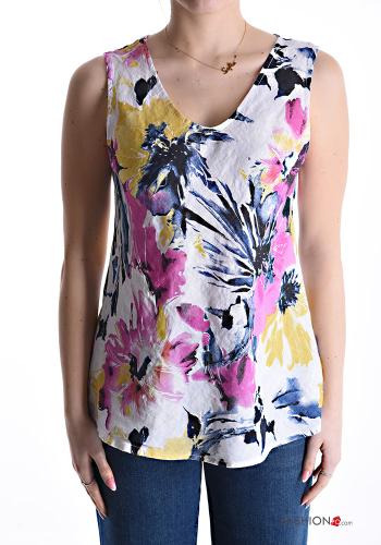 Floral sleeveless Linen Top with v-neck