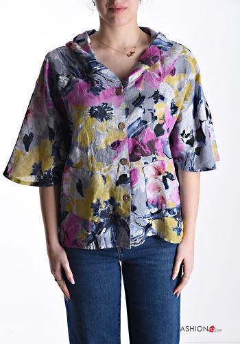 Veste en Lin manches courtes à Imprimé Floral à boutons à capuche - ph 1
