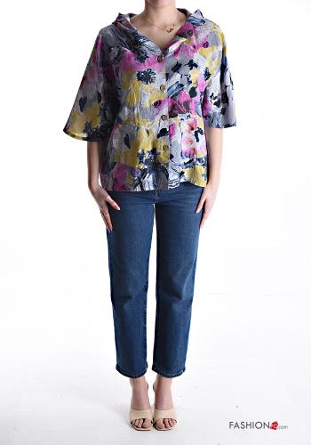 Veste en Lin manches courtes à Imprimé Floral à boutons à capuche - ph 5