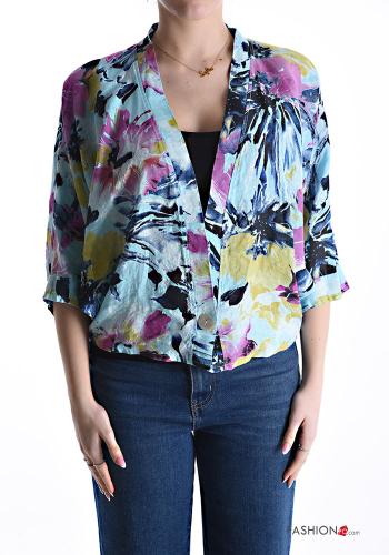 Cardigan in Lino Fantasia floreale con bottoni maniche a tre quarti