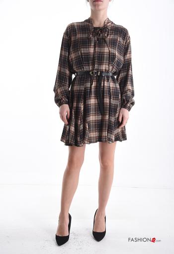 Abito maniche lunghe Fantasia tartan con cintura con fiocco - ph 1