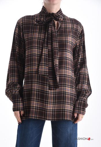 Tartan oversized long sleeve Blouse with bow