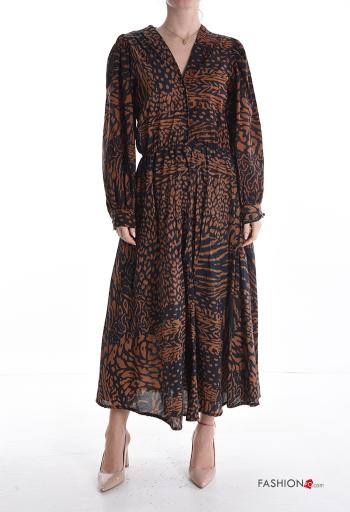 Patterned long sleeve Cotton Shirt dress with buttons with elastic with v-neck