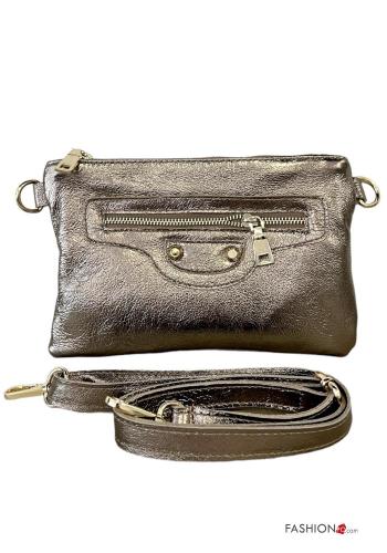 metallic Genuine Leather Purse with shoulder strap