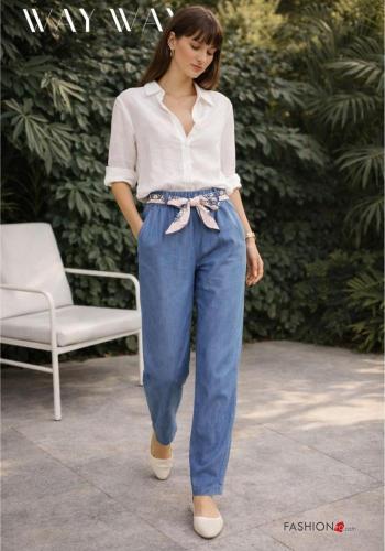 denim high waist Trousers with belt with elastic with pockets - ph 1