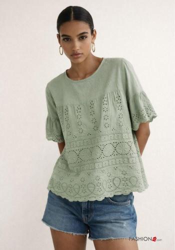 Blusa in Cotone con balze in pizzo sangallo - ph 1