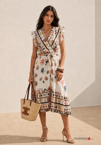 ruffle sleeve Dress with belt with v-neck
