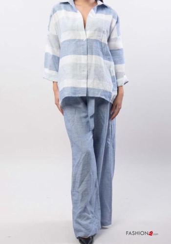 Coordinato in Lino maniche lunghe con colletto Fantasia righe con bottoni con elastico - ph 1