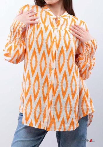 Camicia in Lino maniche lunghe Fantasia geometrica con bottoni - ph 1