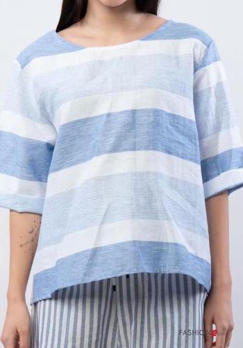 Blusa em Linho às riscas com botões manga três quartos