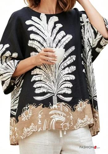 Leaf print oversized Linen Blouse 3/4 sleeve - ph 1