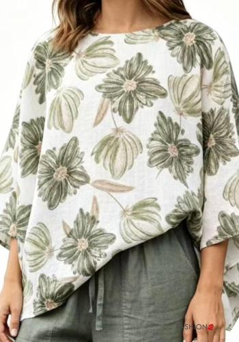 Leaf print oversized Linen Blouse 3/4 sleeve - ph 1