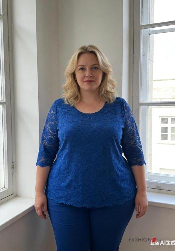 lace trim crew neck oversized Blouse with lining 3/4 sleeve