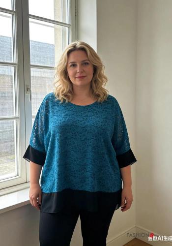 Tunique oversize col rond détail dentelle avec doublure manches à trois-quarts - ph 1