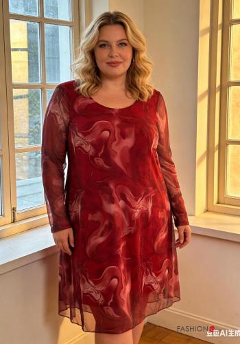 Creative print long sleeve crew neck tulle Dress - ph 1