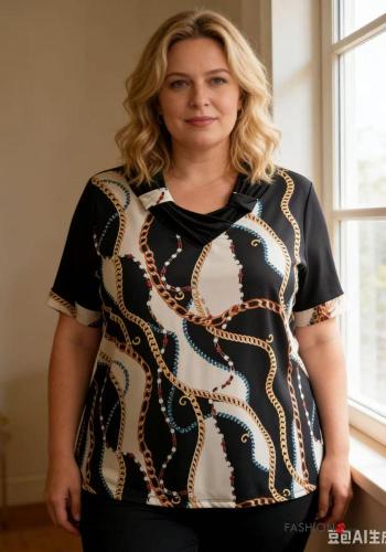 Creative print short sleeve T-shirt with v-neck - ph 1