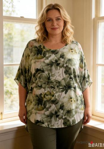 Floral ruffle sleeve crew neck chiffon T-shirt with lining
