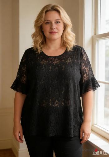 ruffle sleeve crew neck lace trim T-shirt