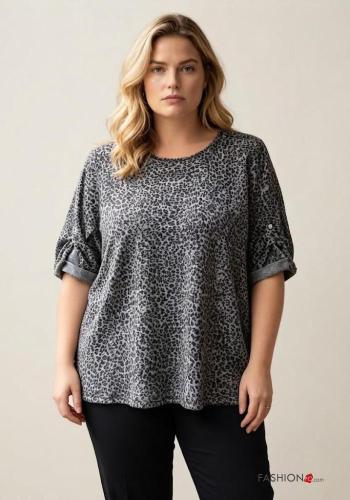 Blusa maniche lunghe girocollo Fantasia animali con bottoni