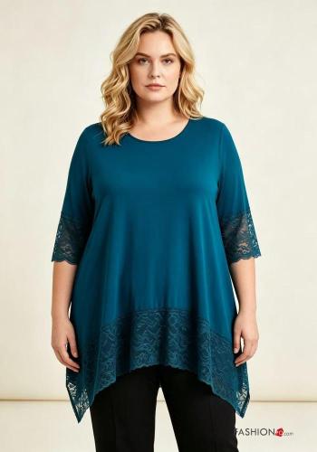 lace trim crew neck Blouse with split 3/4 sleeve