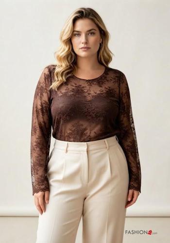 Blouse manches longues détail dentelle col rond à Imprimé Floral