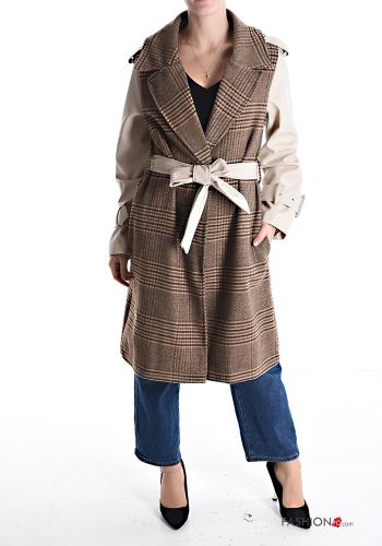 Tartan-Muster Mantel mit Gürtel mit Futter mit Taschen
