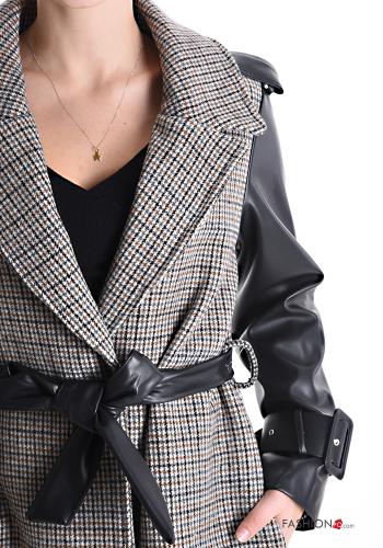 Tartan-Muster Mantel mit Gürtel mit Futter mit Taschen - ph 4