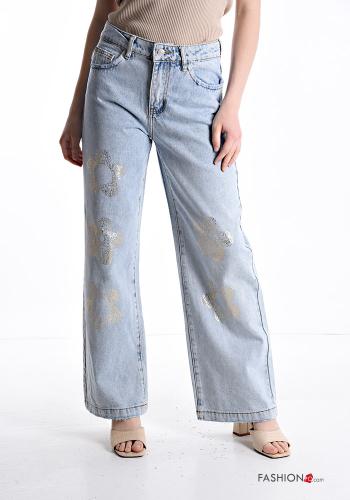 Bedrucktes Denim Jeans aus Baumwolle mit Knöpfen mit Reißverschluss mit Taschen