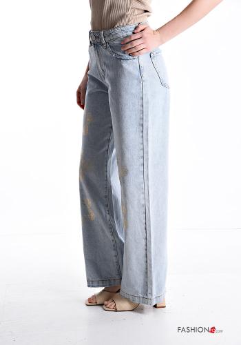 Bedrucktes Denim Jeans aus Baumwolle mit Knöpfen mit Reißverschluss mit Taschen - ph 3