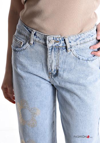 Bedrucktes Denim Jeans aus Baumwolle mit Knöpfen mit Reißverschluss mit Taschen - ph 4