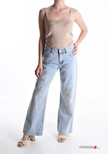 Bedrucktes Denim Jeans aus Baumwolle mit Knöpfen mit Reißverschluss mit Taschen - ph 5