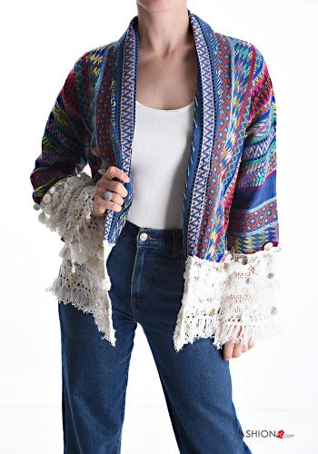 Veste en Coton détail dentelle manches longues à franges sans doublure - ph 1