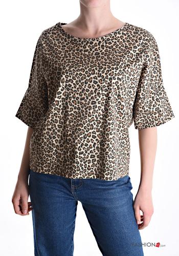 Blusa in Cotone maniche corte girocollo Fantasia animalier - ph 1