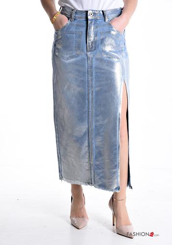 denim metallic Longuette Cotton Skirt with pockets with split