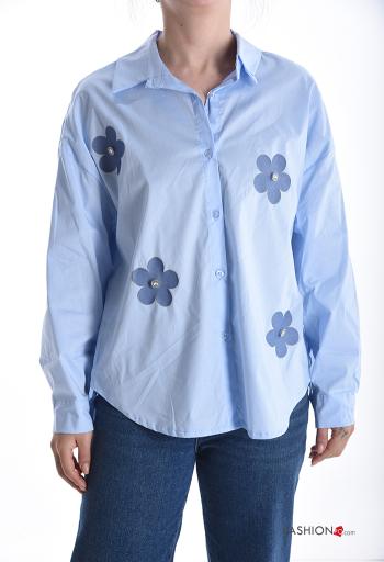 Chemise en Coton manches longues à collet à Imprimé Floral à boutons avec strass