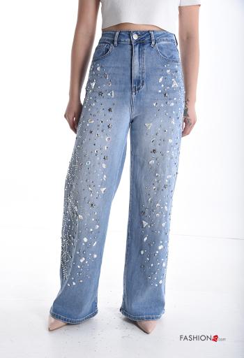 Jeans in Cotone vita alta wide leg con bottoni con strass con zip con tasche