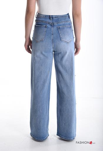 Jeans in Cotone vita alta wide leg con bottoni con strass con zip con tasche - ph 2