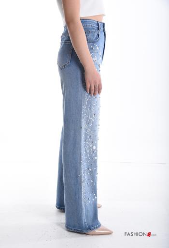 Jeans in Cotone vita alta wide leg con bottoni con strass con zip con tasche - ph 3