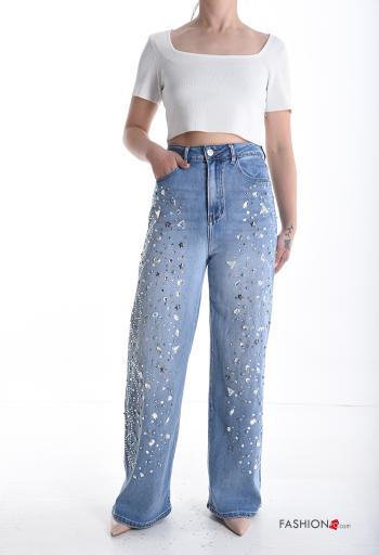 Jeans in Cotone vita alta wide leg con bottoni con strass con zip con tasche - ph 5