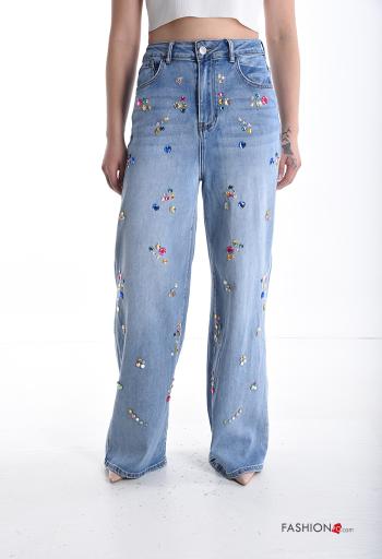 Jeans en Coton longue taille haute en denim wide leg avec poches à boutons avec strass avec fermeture éclair