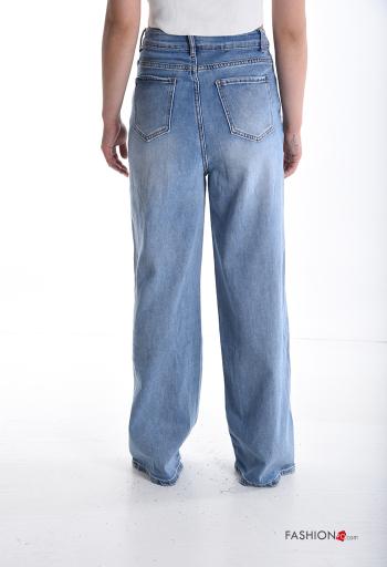 Jeans en Coton longue taille haute en denim wide leg avec poches à boutons avec strass avec fermeture éclair - ph 2