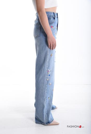 Jeans en Coton longue taille haute en denim wide leg avec poches à boutons avec strass avec fermeture éclair - ph 3