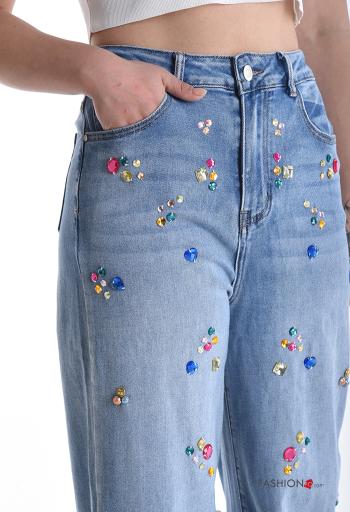 Jeans en Coton longue taille haute en denim wide leg avec poches à boutons avec strass avec fermeture éclair - ph 4