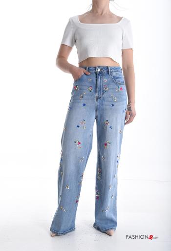 Jeans en Coton longue taille haute en denim wide leg avec poches à boutons avec strass avec fermeture éclair - ph 5