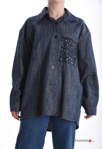 Chemise en Coton manches longues en denim à collet à paillettes à boutons