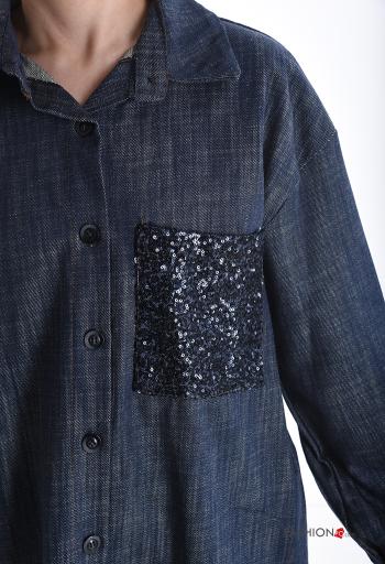 Chemise en Coton manches longues en denim à collet à paillettes à boutons - ph 4